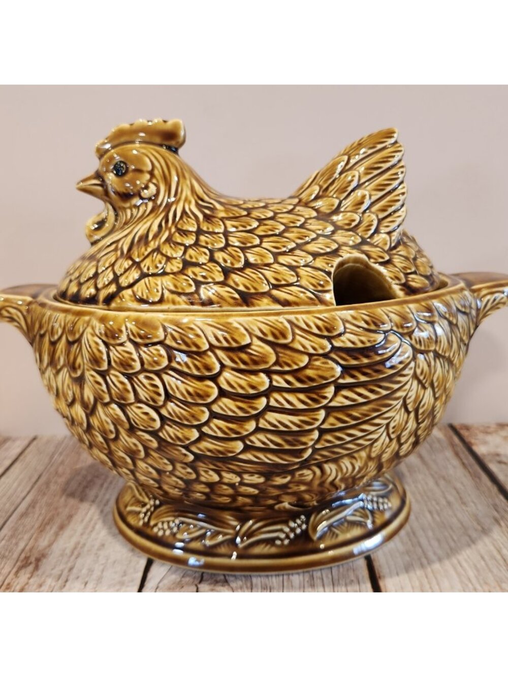 Gorgeous~Vintage~CHICKEN SOUP TUREEN~Brown Glaze~Ceramic~Handles~Pedestal